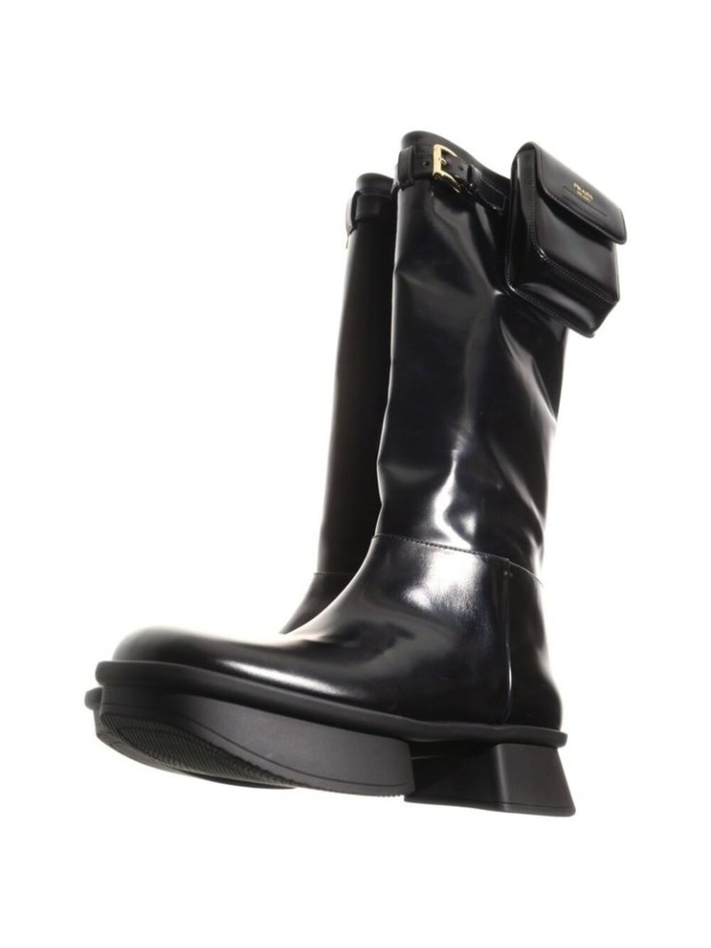 Prada Logo Print Pouch Brushed Leather Square Toe Long Boots Shoes Black - Picture 2 of 6